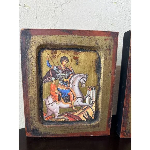 Vtg Saint George Slay the Dragon Horse Religious Art Wooden Wall Hangings Italia